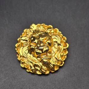 Vintage Gold Tone Lion Face Brooch Round Roaring Leo Zodiac